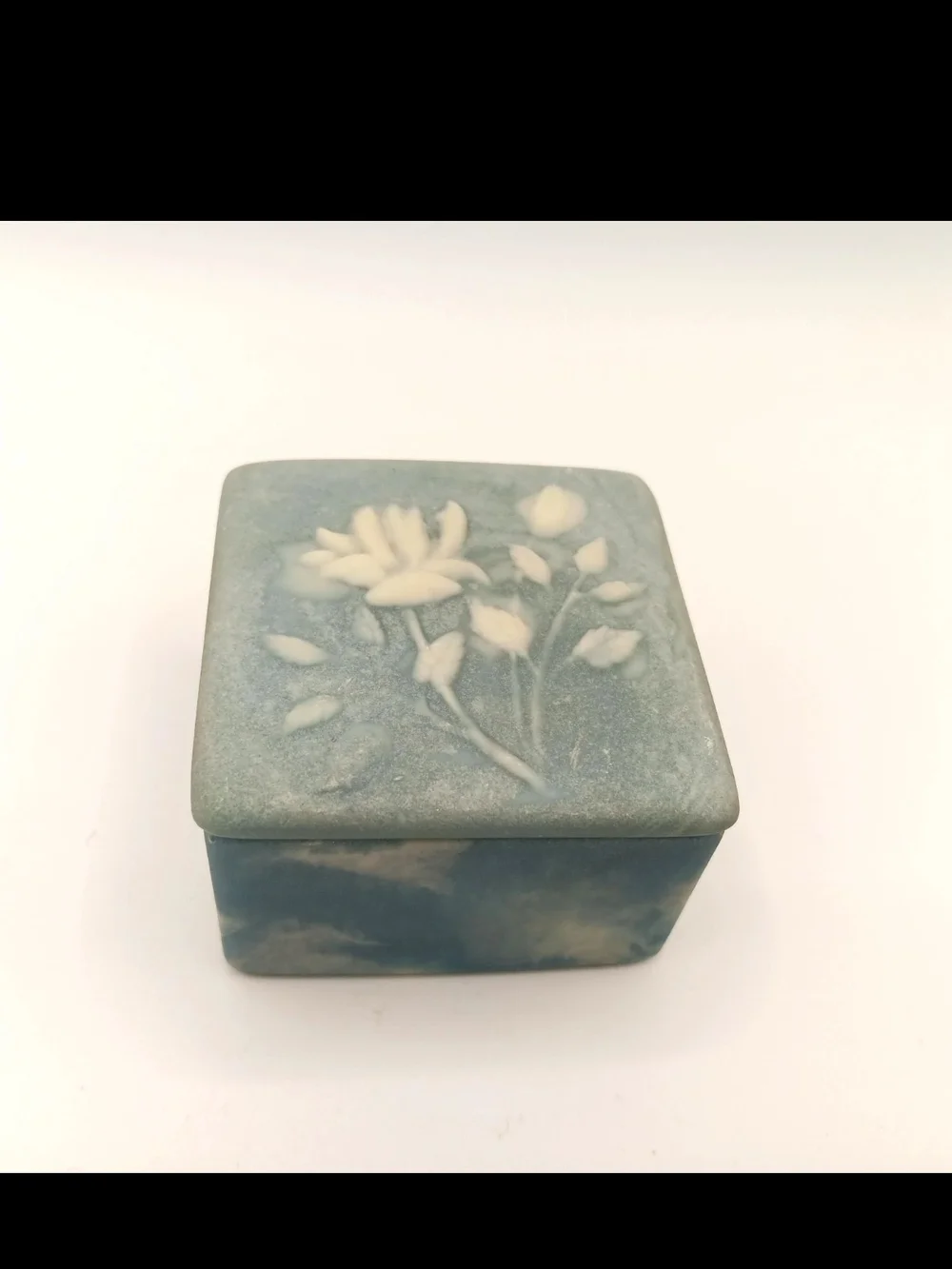 1970's Blue Floral Incolay Jewelry Trinket Box